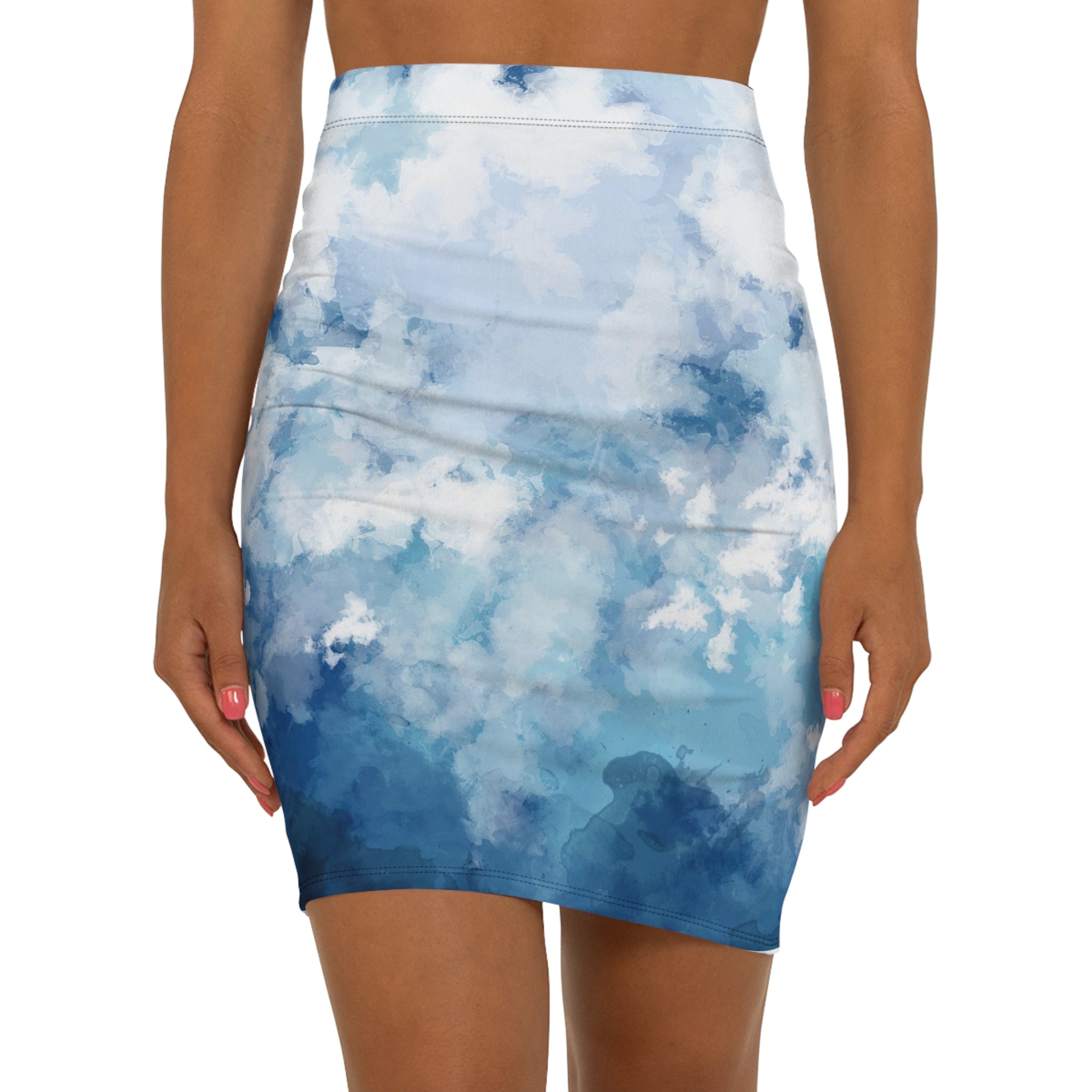 Ocean Breeze Women's Mid-Waist Pencil Skirt - Stylish Blue Cloud Print
